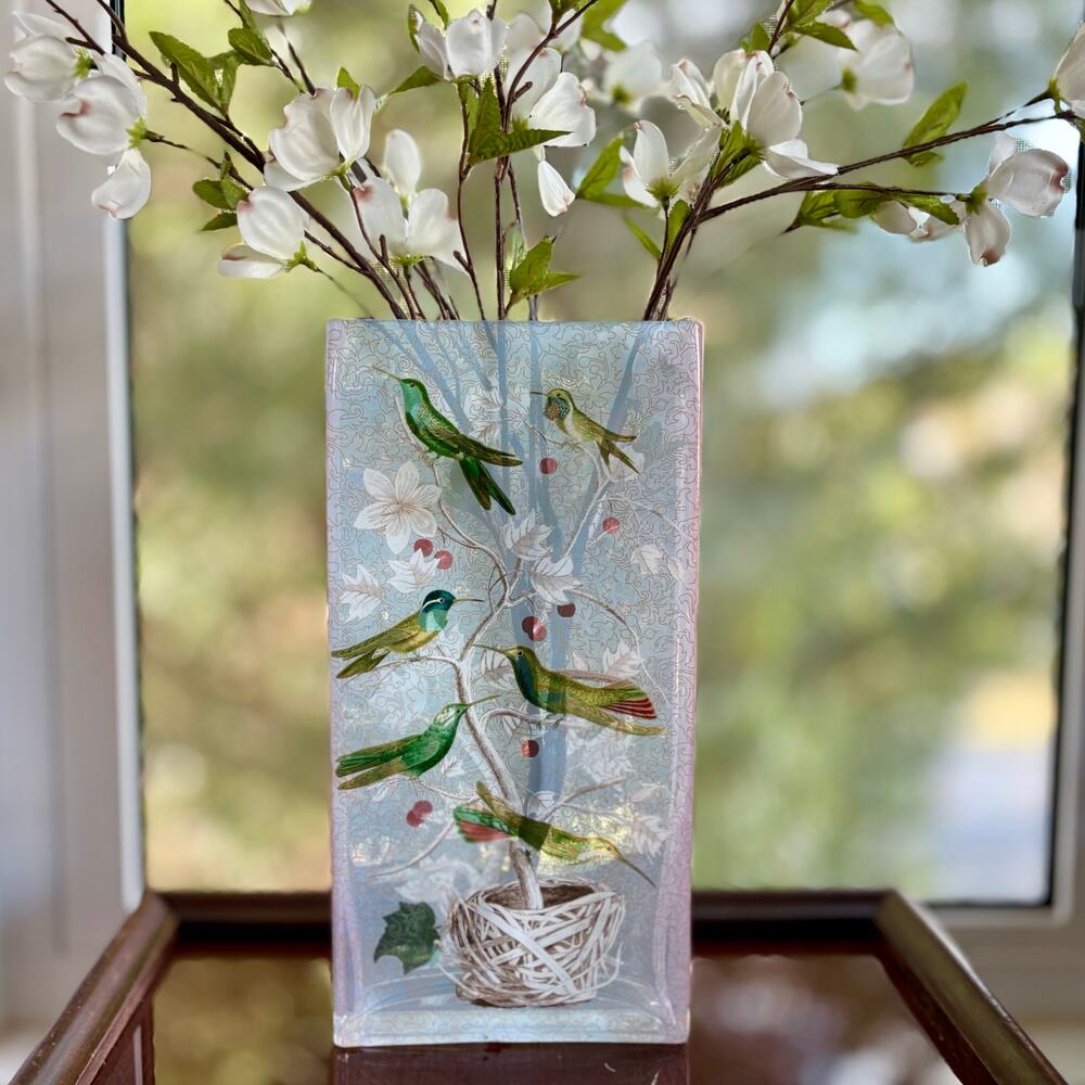 Fringe Studio Vintage Hummingbird Glass Vase Pink Blue Art Glass 12” - Picture 10 of 12